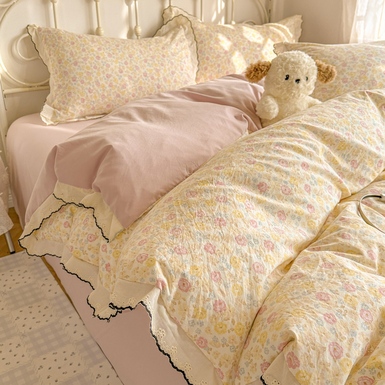 91家纺网 家纺一手货源 找家纺 晚爱家纺（原晚安家居） 2026春夏新款古法水洗棉复古法式花边四件套少女公主风 春日密语