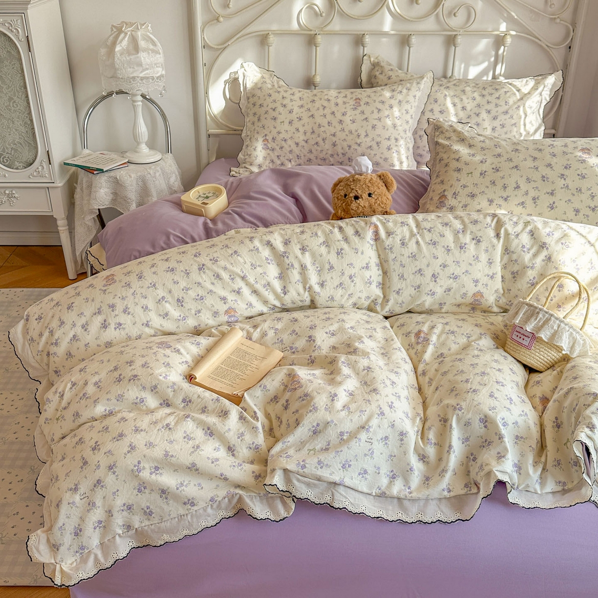 91家纺网 家纺一手货源 找家纺 晚爱家纺（原晚安家居） 2026春夏新款古法水洗棉复古法式花边四件套少女公主风 紫雾小兔