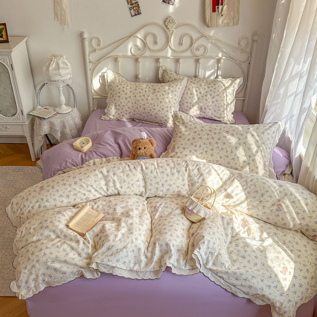 91家纺网 家纺一手货源 找家纺 晚爱家纺（原晚安家居） 2026春夏新款古法水洗棉复古法式花边四件套少女公主风 紫雾小兔