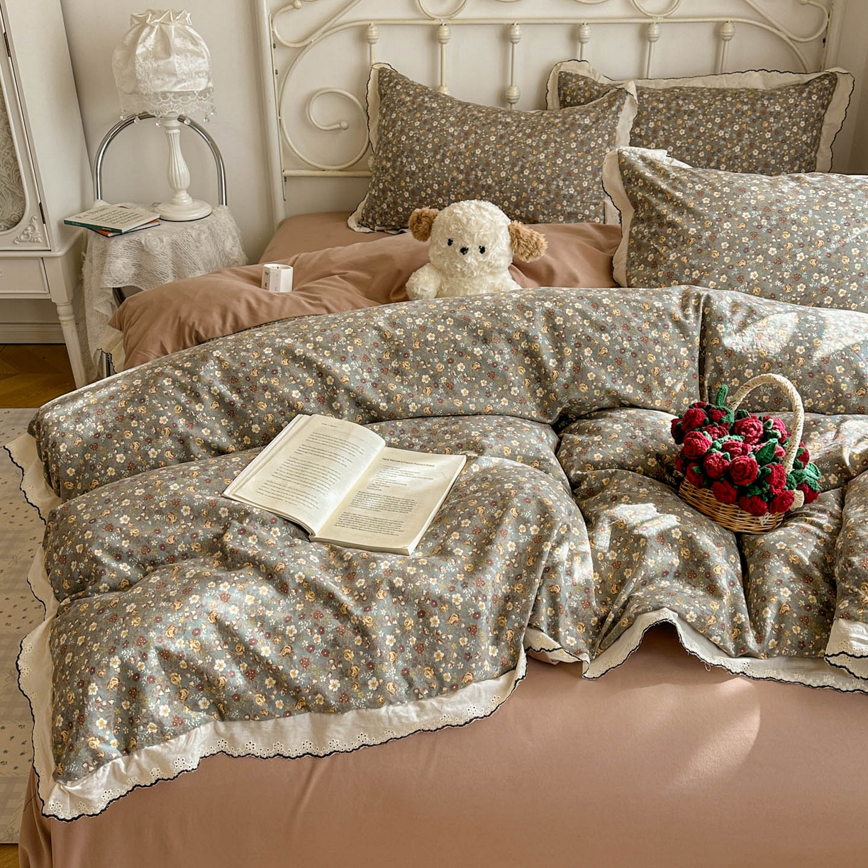 91家纺网 家纺一手货源 找家纺 晚爱家纺（原晚安家居） 2026春夏新款古法水洗棉复古法式花边四件套少女公主风 复古小花