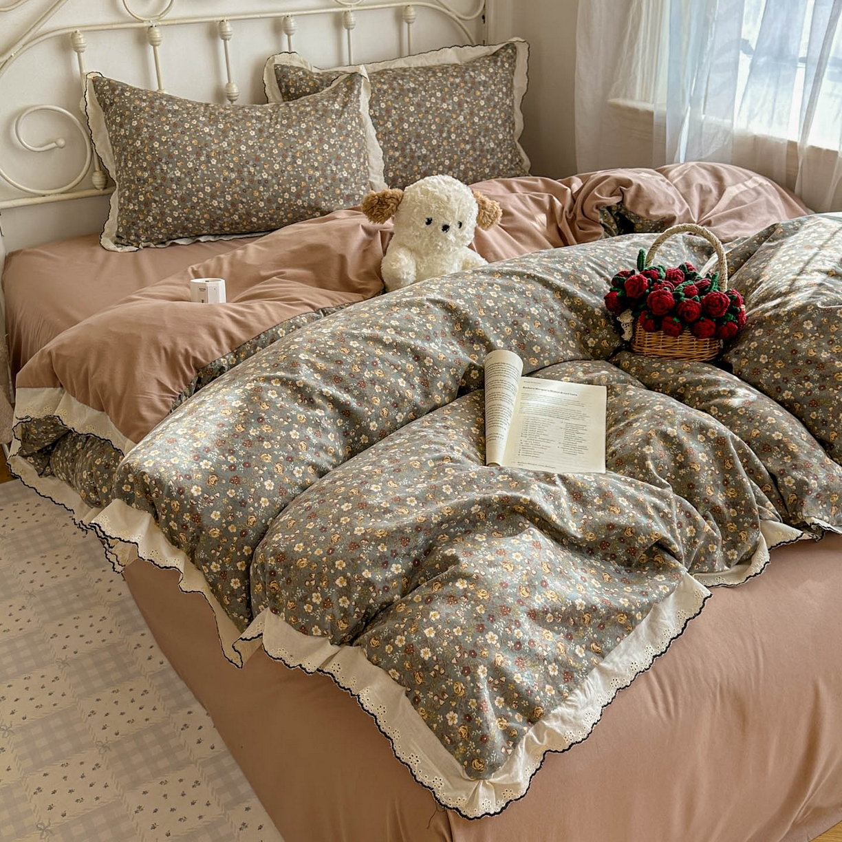 91家纺网 家纺一手货源 找家纺 晚爱家纺（原晚安家居） 2026春夏新款古法水洗棉复古法式花边四件套少女公主风 复古小花