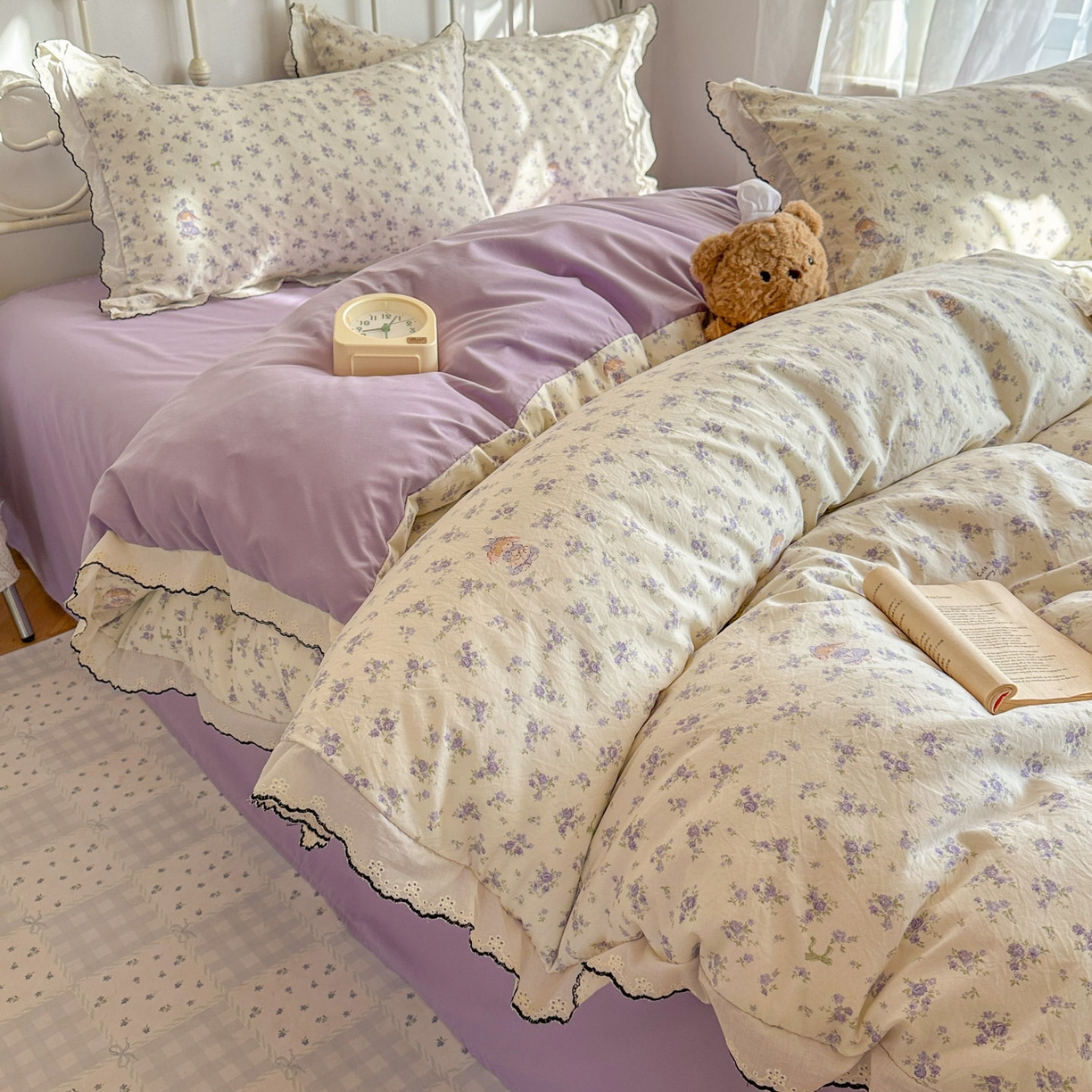 91家纺网 家纺一手货源 找家纺 晚爱家纺（原晚安家居） 2026春夏新款古法水洗棉复古法式花边四件套少女公主风 紫雾小兔