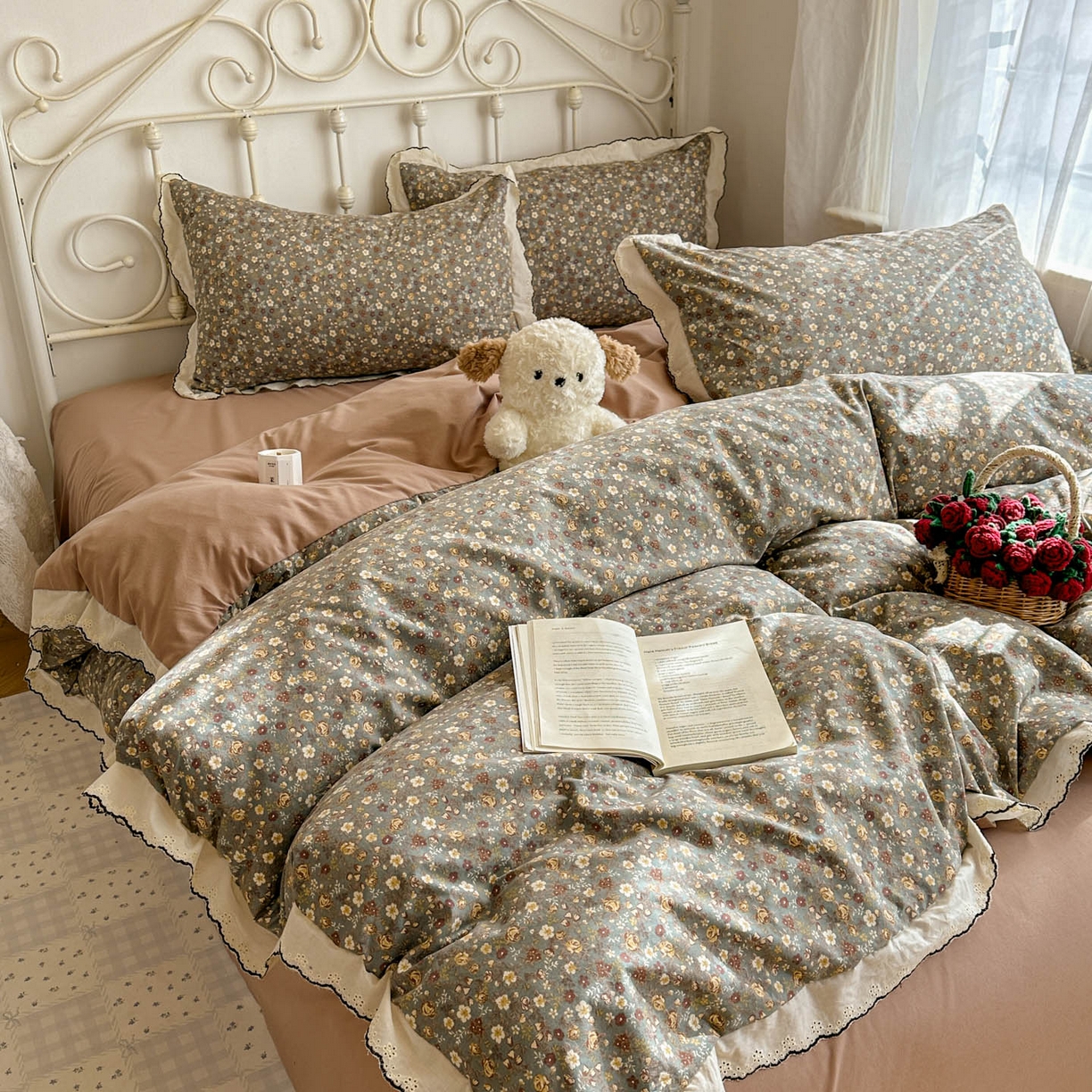 91家纺网 家纺一手货源 找家纺 晚爱家纺（原晚安家居） 2026春夏新款古法水洗棉复古法式花边四件套少女公主风 复古小花