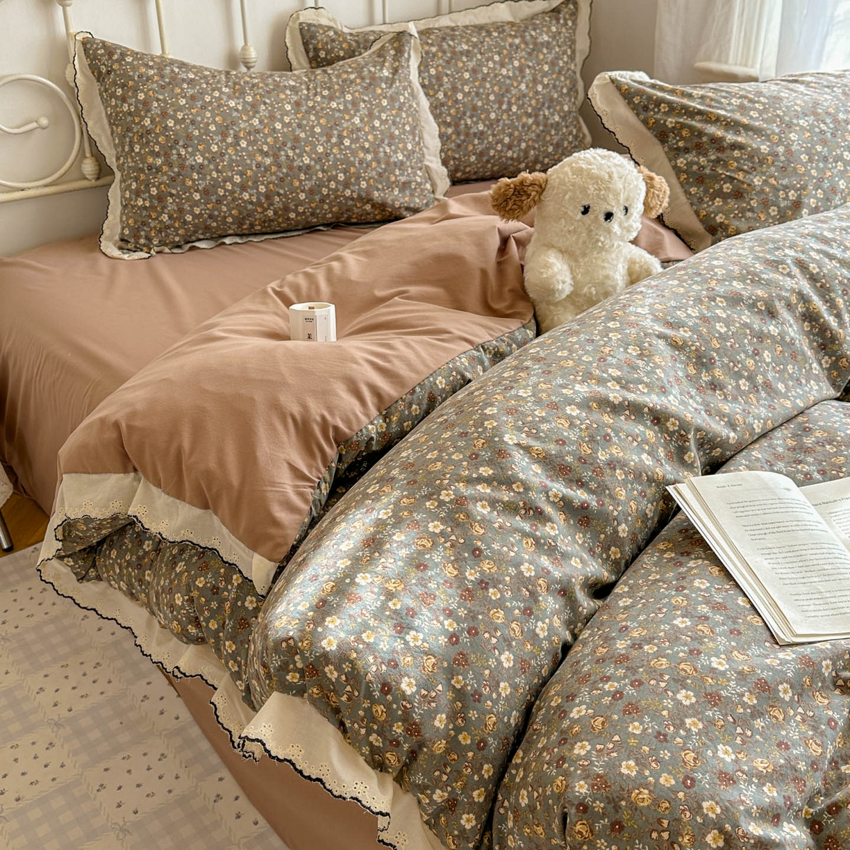 91家纺网 家纺一手货源 找家纺 晚爱家纺（原晚安家居） 2026春夏新款古法水洗棉复古法式花边四件套少女公主风 复古小花