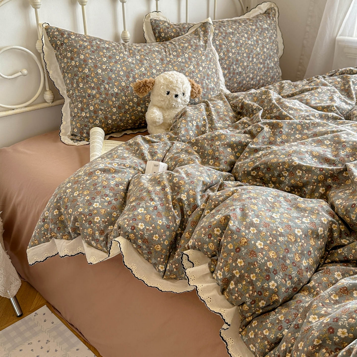 91家纺网 家纺一手货源 找家纺 晚爱家纺（原晚安家居） 2026春夏新款古法水洗棉复古法式花边四件套少女公主风 复古小花