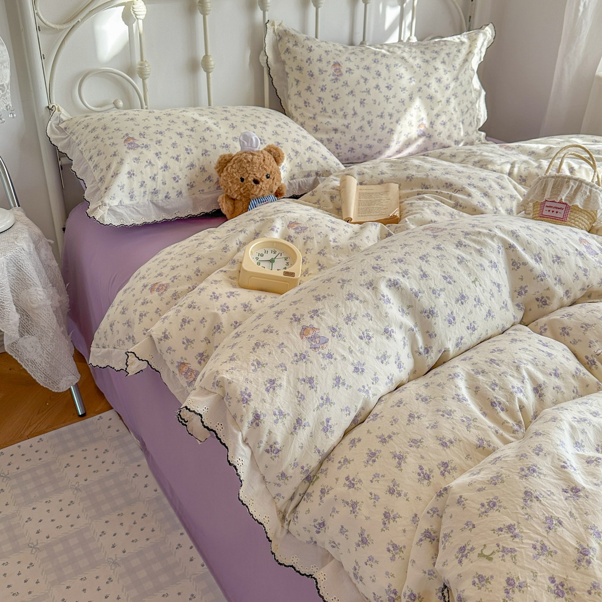 91家纺网 家纺一手货源 找家纺 晚爱家纺（原晚安家居） 2026春夏新款古法水洗棉复古法式花边四件套少女公主风 紫雾小兔