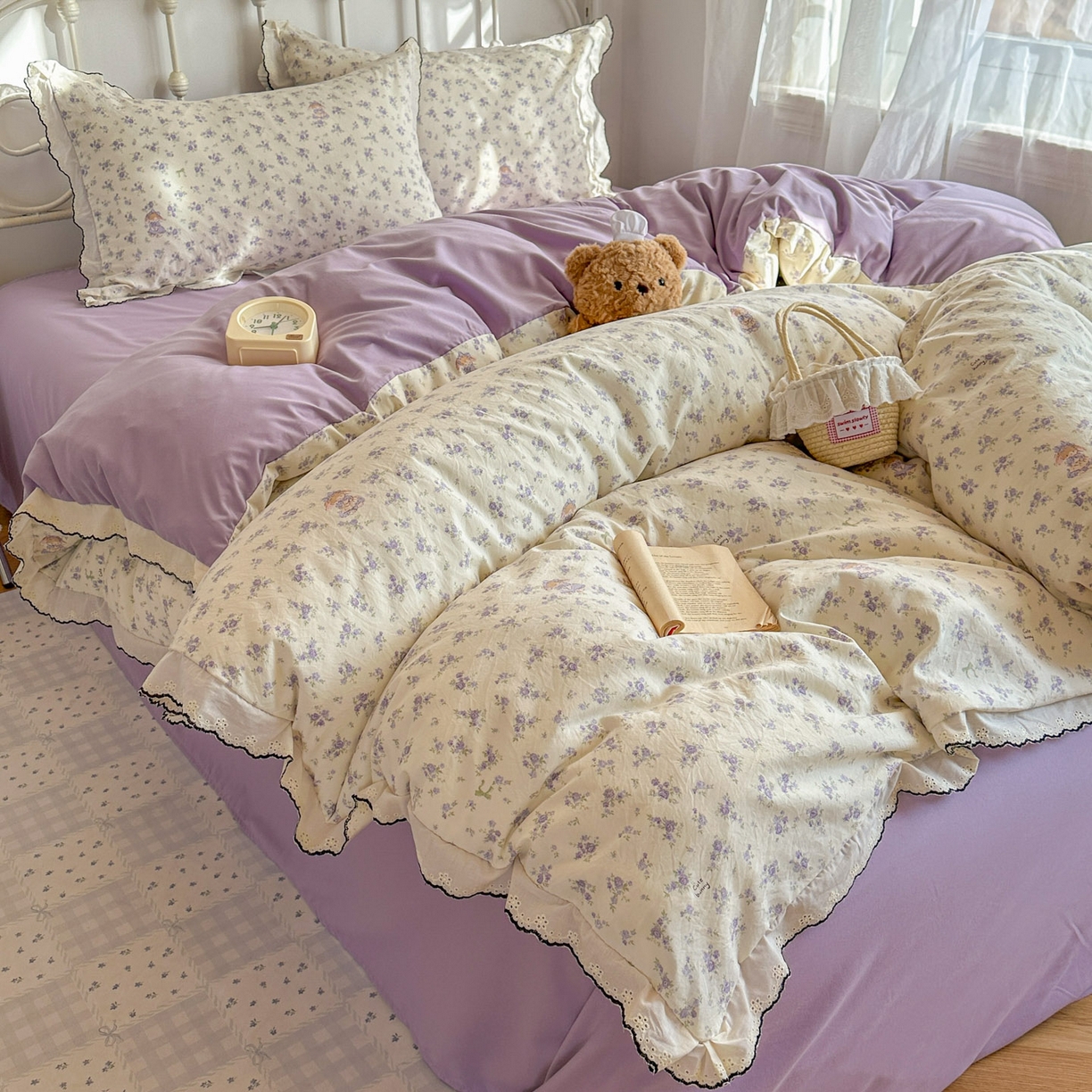 91家纺网 家纺一手货源 找家纺 晚爱家纺（原晚安家居） 2026春夏新款古法水洗棉复古法式花边四件套少女公主风 紫雾小兔