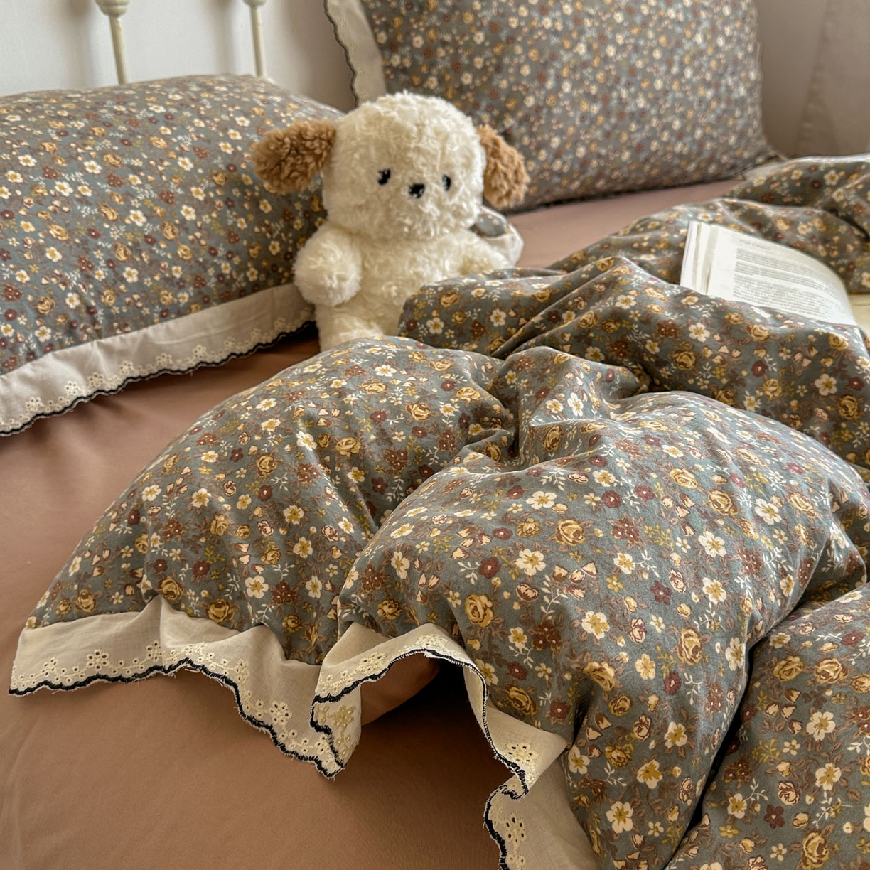 91家纺网 家纺一手货源 找家纺 晚爱家纺（原晚安家居） 2026春夏新款古法水洗棉复古法式花边四件套少女公主风 复古小花