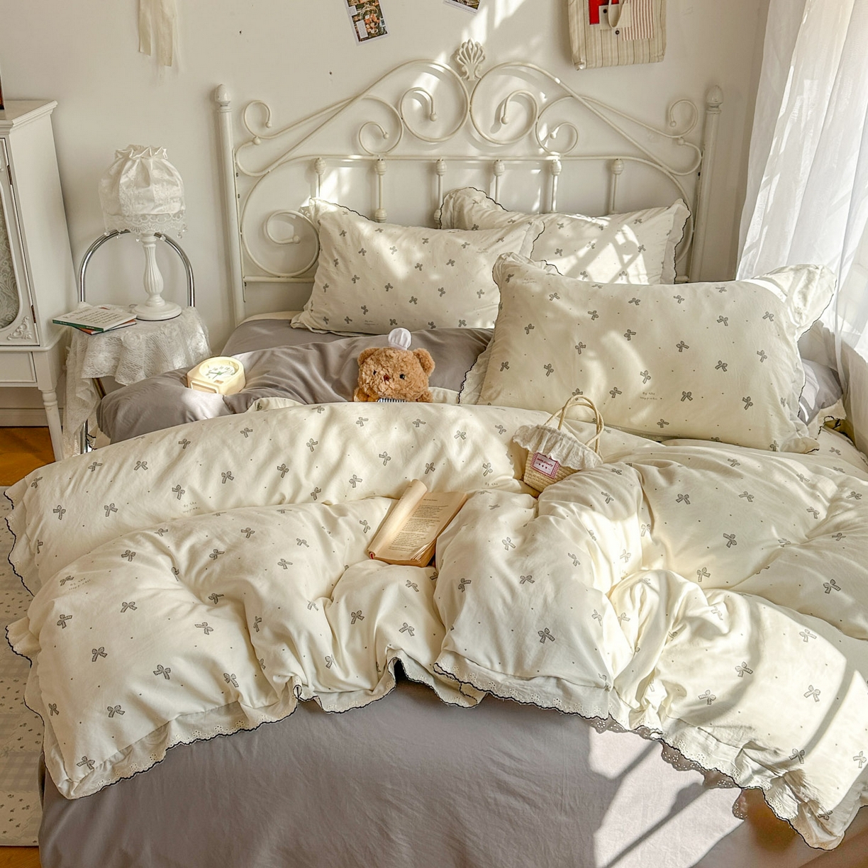 91家纺网 家纺一手货源 找家纺 晚爱家纺（原晚安家居） 2026春夏新款古法水洗棉复古法式花边四件套少女公主风 奶白蝴蝶结