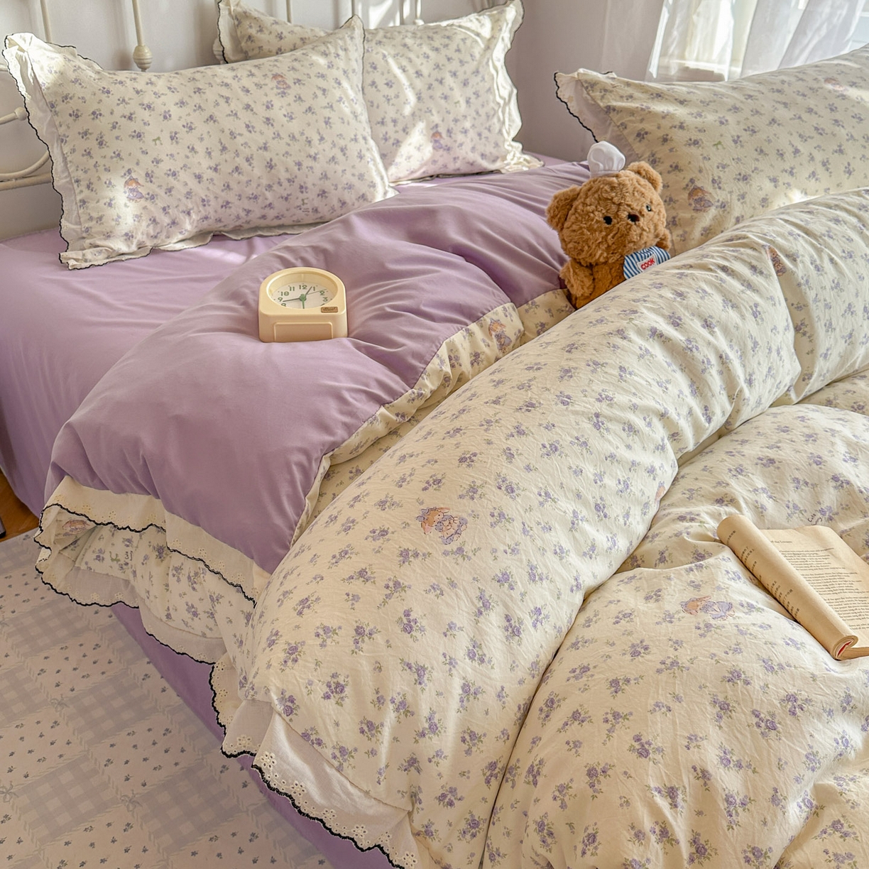 91家纺网 家纺一手货源 找家纺 晚爱家纺（原晚安家居） 2026春夏新款古法水洗棉复古法式花边四件套少女公主风 紫雾小兔