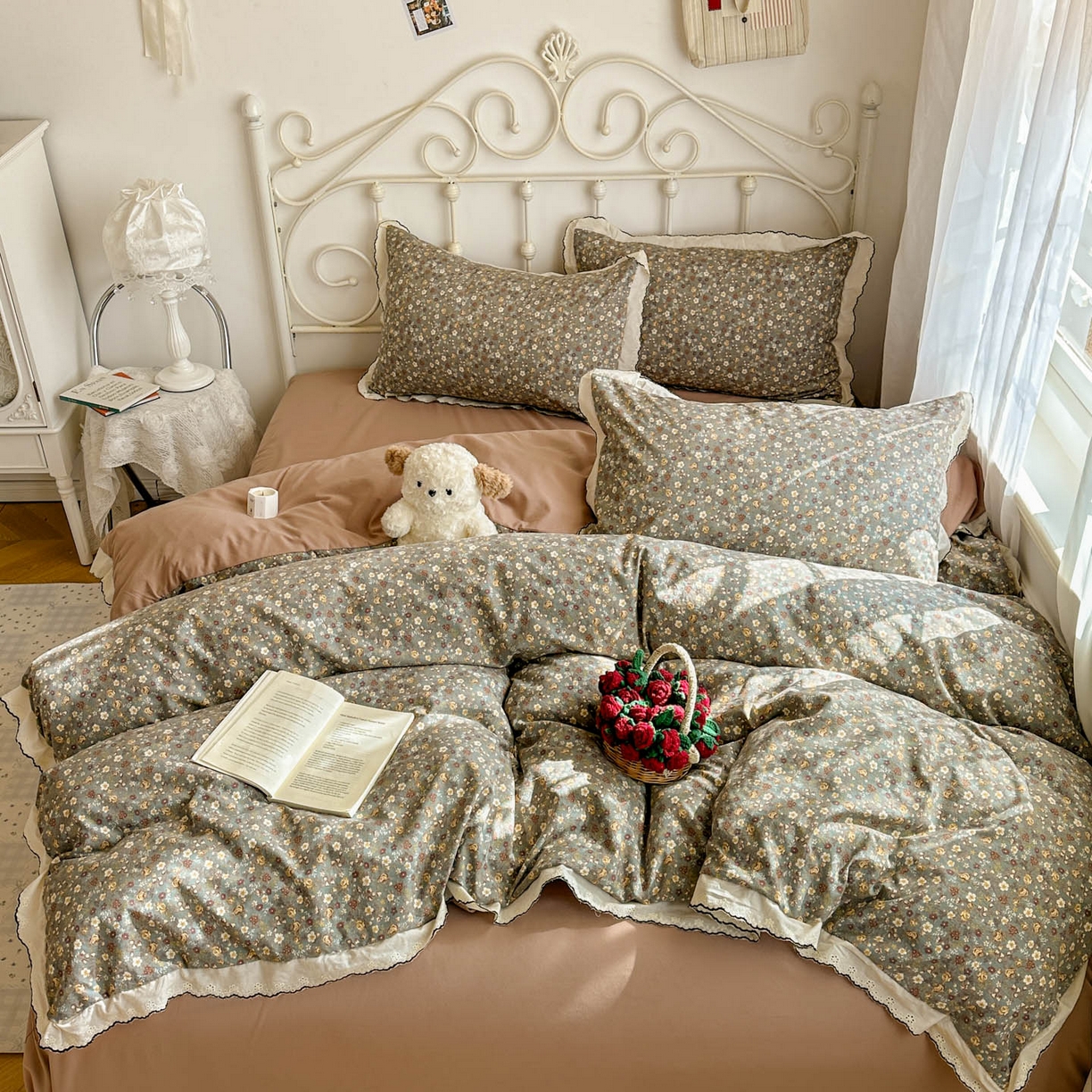 91家纺网 家纺一手货源 找家纺 晚爱家纺（原晚安家居） 2026春夏新款古法水洗棉复古法式花边四件套少女公主风 复古小花