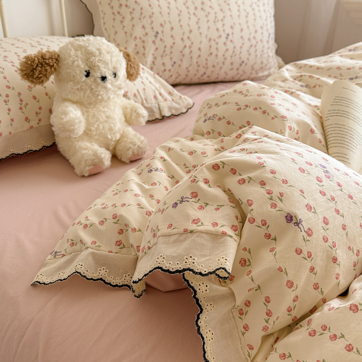91家纺网 家纺一手货源 找家纺 晚爱家纺（原晚安家居） 2026春夏新款古法水洗棉复古法式花边四件套少女公主风 玫瑰花语