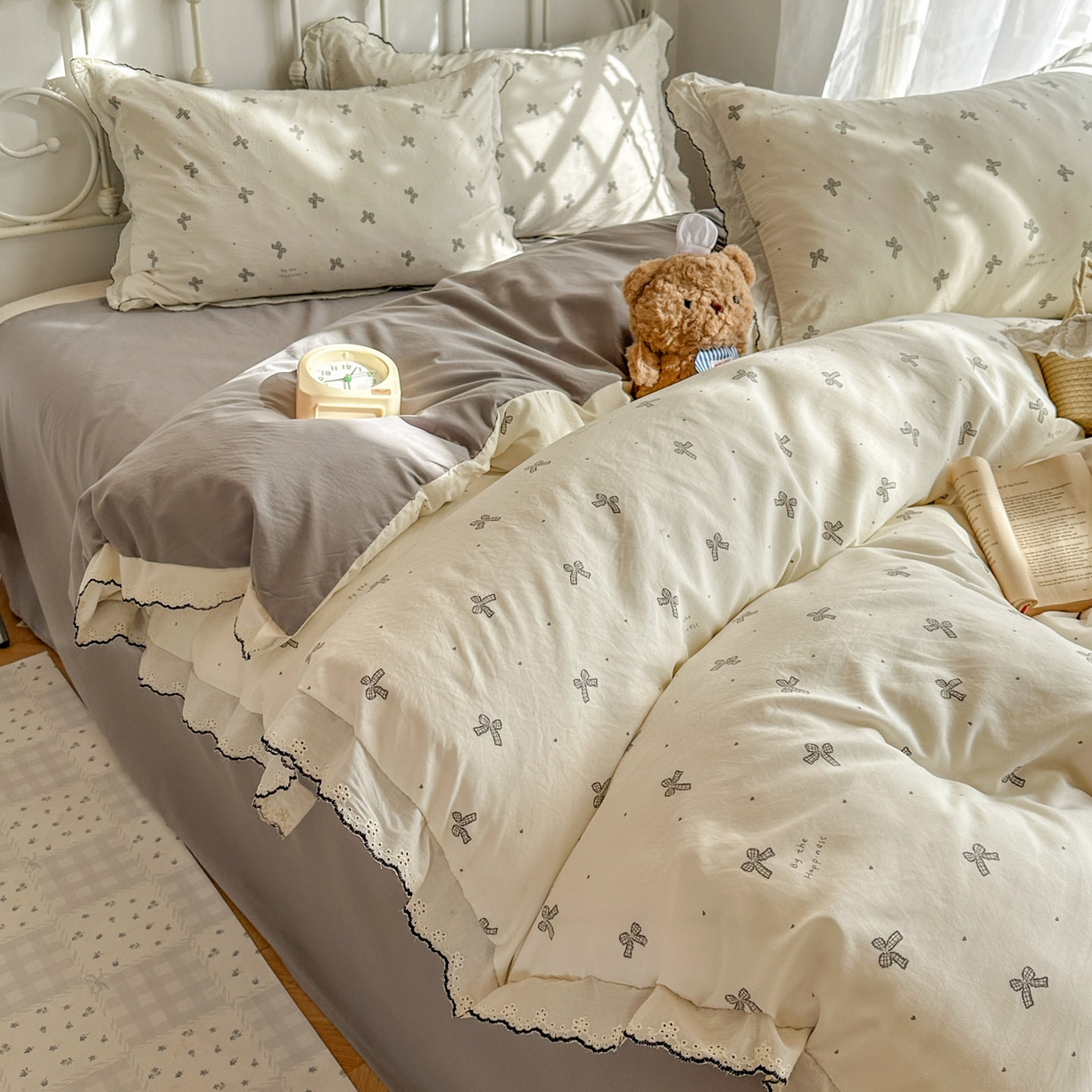 91家纺网 家纺一手货源 找家纺 晚爱家纺（原晚安家居） 2026春夏新款古法水洗棉复古法式花边四件套少女公主风 奶白蝴蝶结