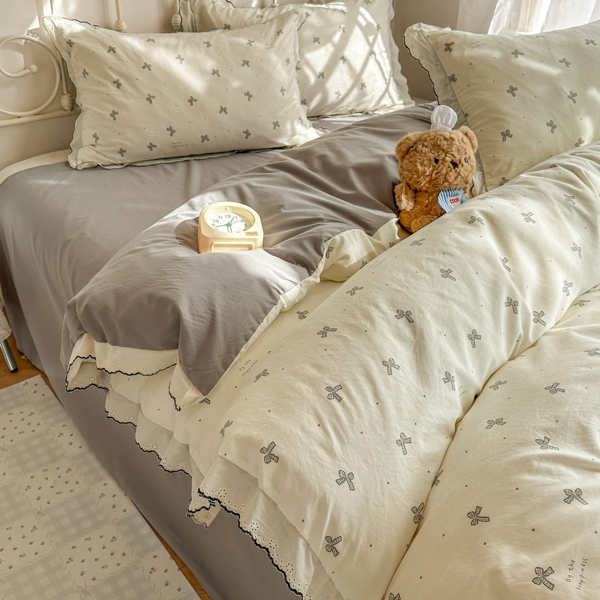 91家纺网 家纺一手货源 找家纺 晚爱家纺（原晚安家居） 2026春夏新款古法水洗棉复古法式花边四件套少女公主风 奶白蝴蝶结