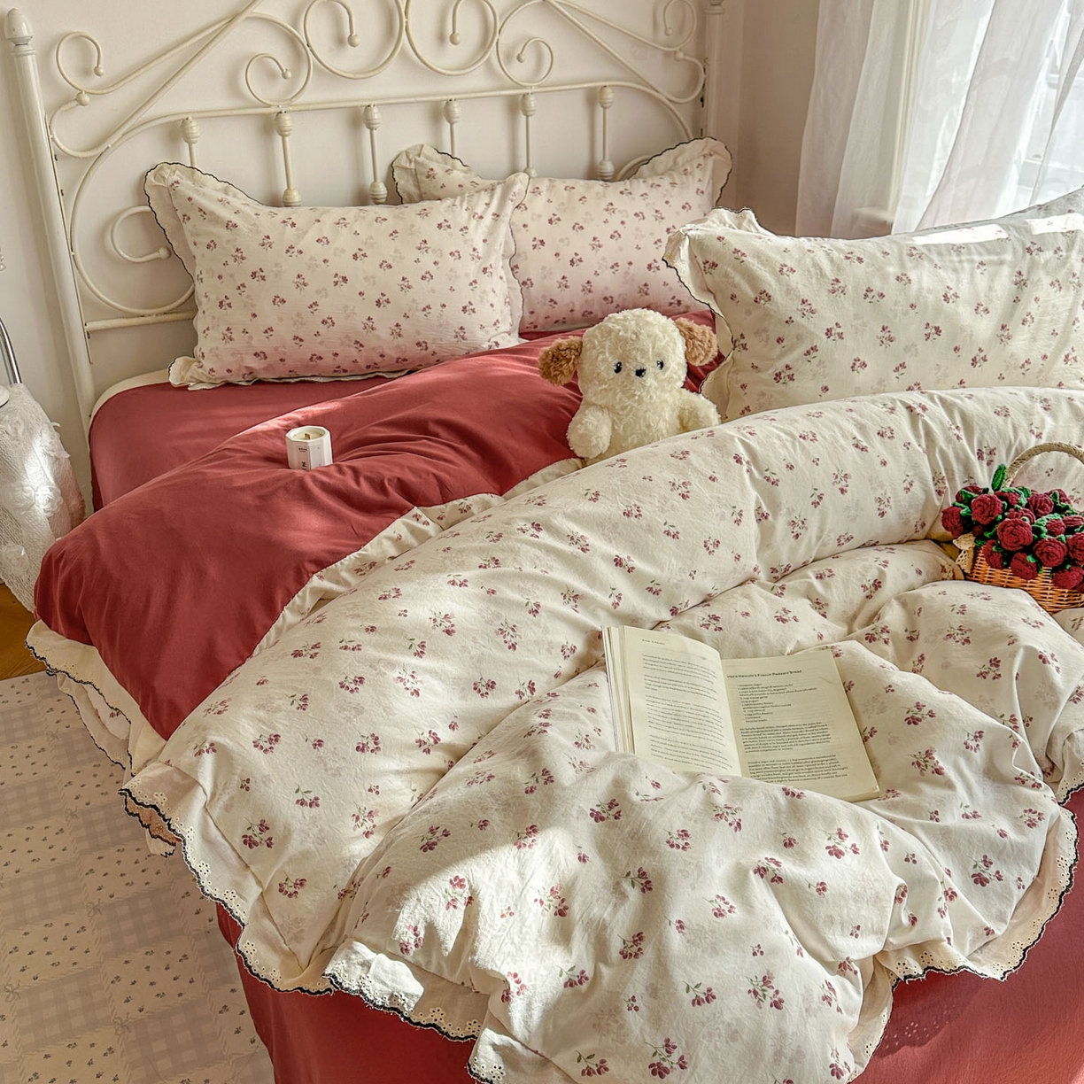 91家纺网 家纺一手货源 找家纺 晚爱家纺（原晚安家居） 2026春夏新款古法水洗棉复古法式花边四件套少女公主风 浆果日记