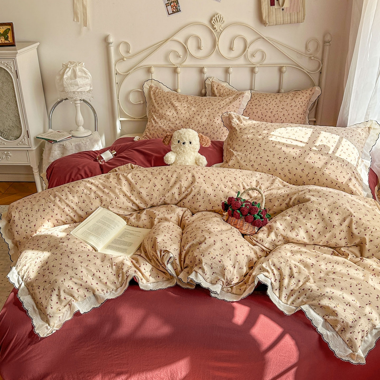 91家纺网 家纺一手货源 找家纺 晚爱家纺（原晚安家居） 2026春夏新款古法水洗棉复古法式花边四件套少女公主风 密语花田