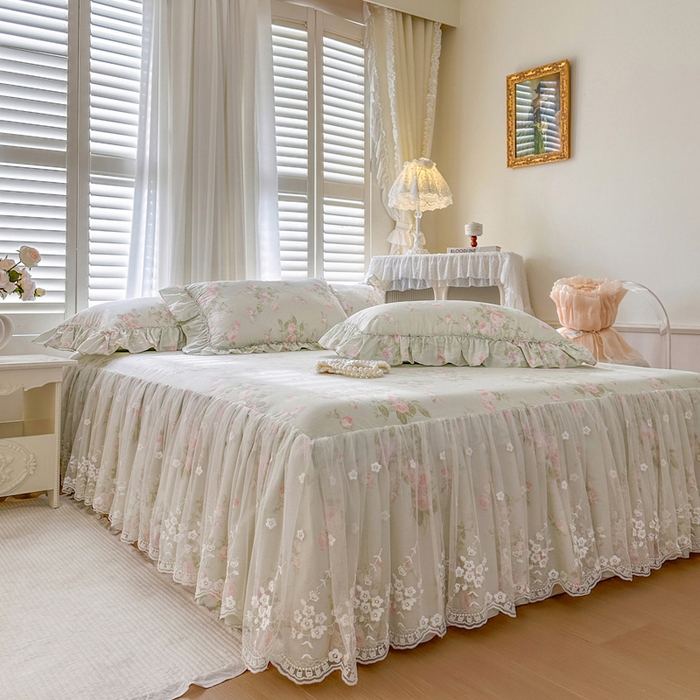 91家纺网 家纺一手货源 找家纺 瑞宝 2026新款全棉印花床裙三件套床裙被套单品系列 春田绿