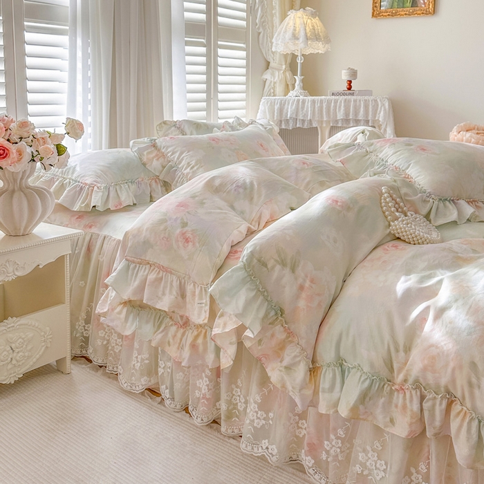 91家纺网 家纺一手货源 找家纺 瑞宝 2026新款全棉印花床裙三件套床裙被套单品系列 花悦美