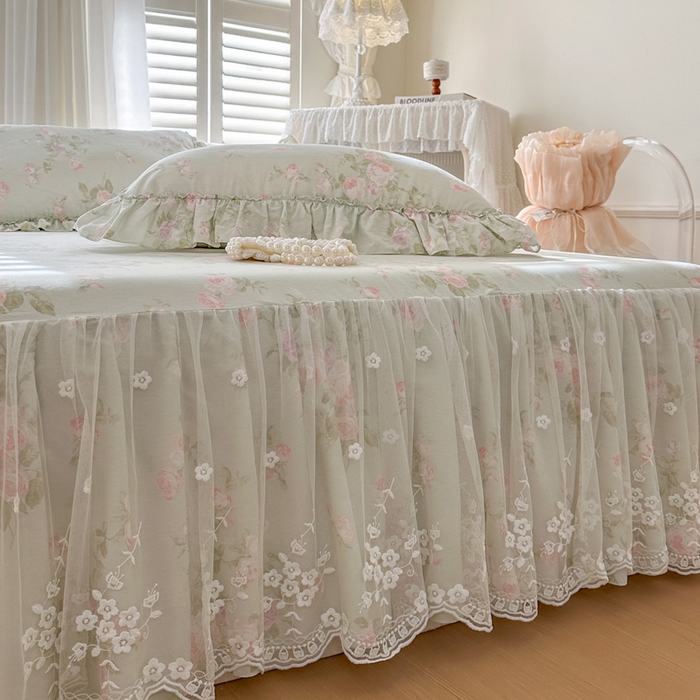 91家纺网 家纺一手货源 找家纺 瑞宝 2026新款全棉印花床裙三件套床裙被套单品系列 春田绿