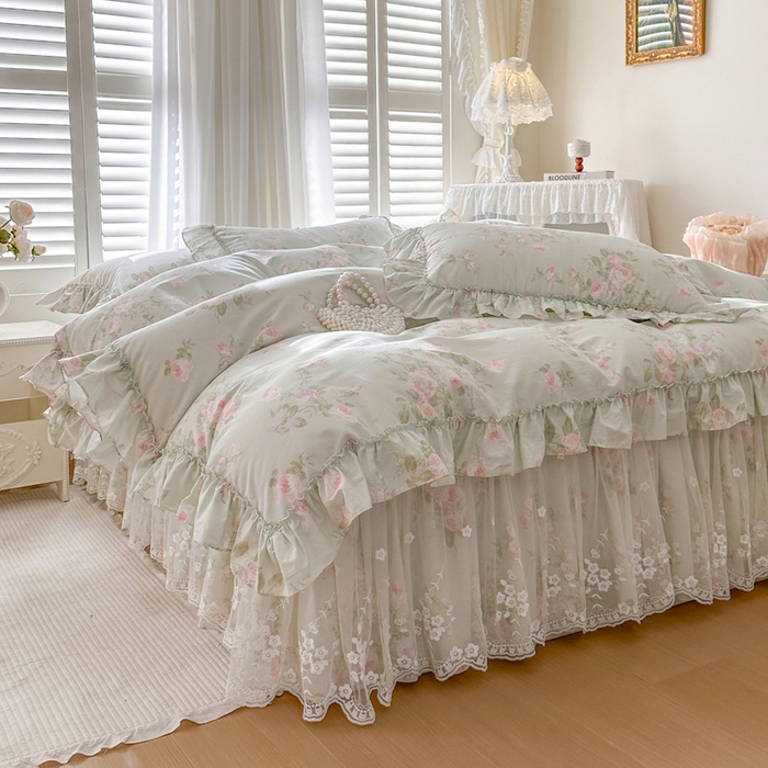 91家纺网 家纺一手货源 找家纺 瑞宝 2026新款全棉印花床裙三件套床裙被套单品系列 春田绿