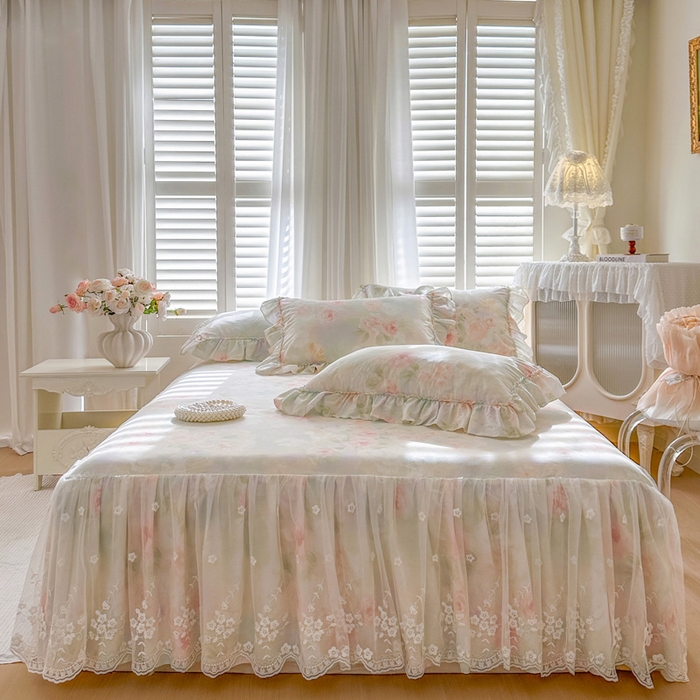 瑞宝 2026新款全棉印花床裙三件套床裙被套单品系列 花悦美