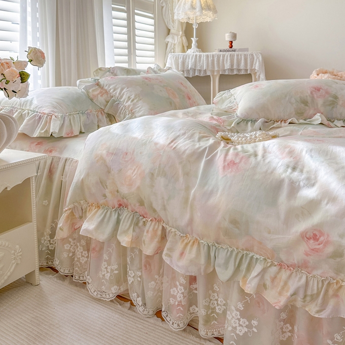 91家纺网 家纺一手货源 找家纺 瑞宝 2026新款全棉印花床裙三件套床裙被套单品系列 花悦美