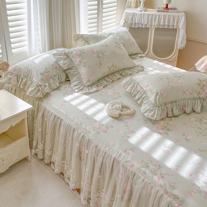 91家纺网 家纺一手货源 找家纺 瑞宝 2026新款全棉印花床裙三件套床裙被套单品系列 春田绿