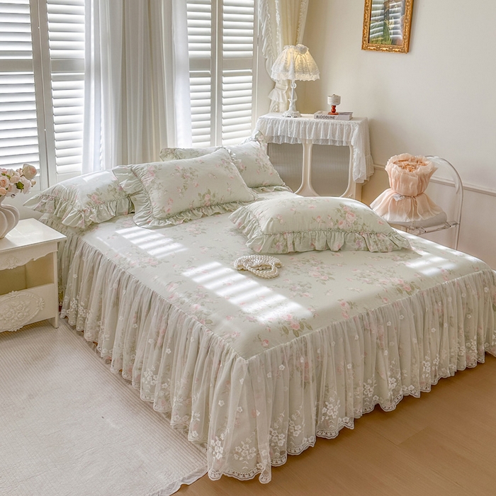 91家纺网 家纺一手货源 找家纺 瑞宝 2026新款全棉印花床裙三件套床裙被套单品系列 春田绿