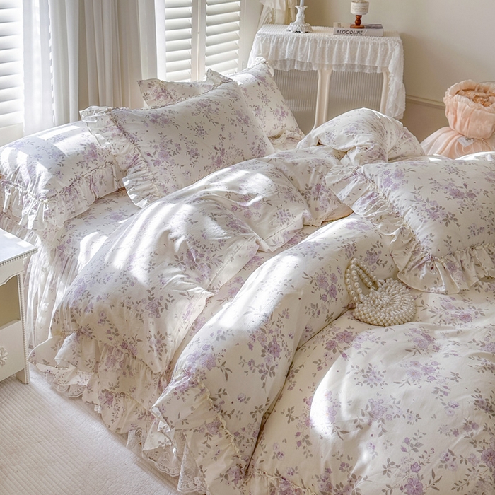 91家纺网 家纺一手货源 找家纺 瑞宝 2026新款全棉印花床裙三件套床裙被套单品系列 花蕾紫