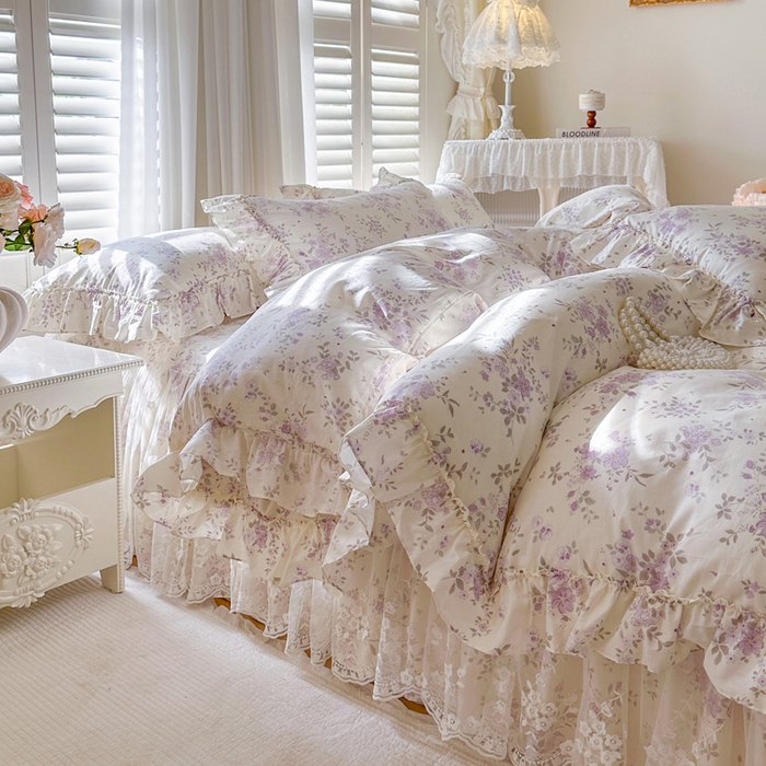 91家纺网 家纺一手货源 找家纺 瑞宝 2026新款全棉印花床裙三件套床裙被套单品系列 花蕾紫