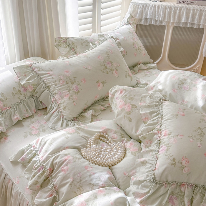 91家纺网 家纺一手货源 找家纺 瑞宝 2026新款全棉印花床裙三件套床裙被套单品系列 春田绿