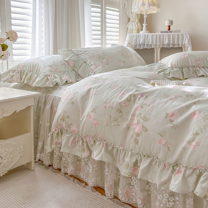 91家纺网 家纺一手货源 找家纺 瑞宝 2026新款全棉印花床裙三件套床裙被套单品系列 春田绿