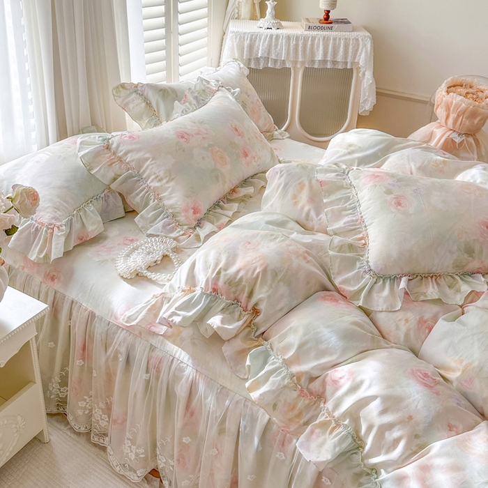 91家纺网 家纺一手货源 找家纺 瑞宝 2026新款全棉印花床裙三件套床裙被套单品系列 花悦美