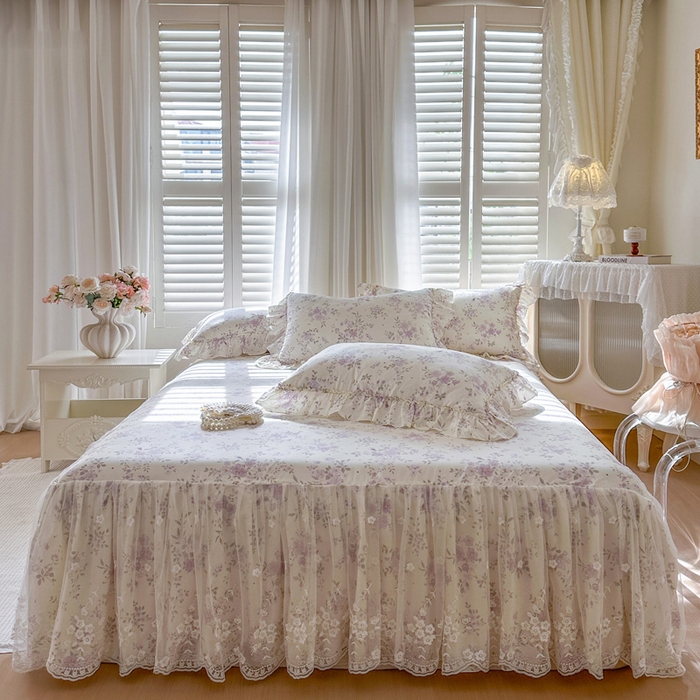 瑞宝 2026新款全棉印花床裙三件套床裙被套单品系列 花蕾紫