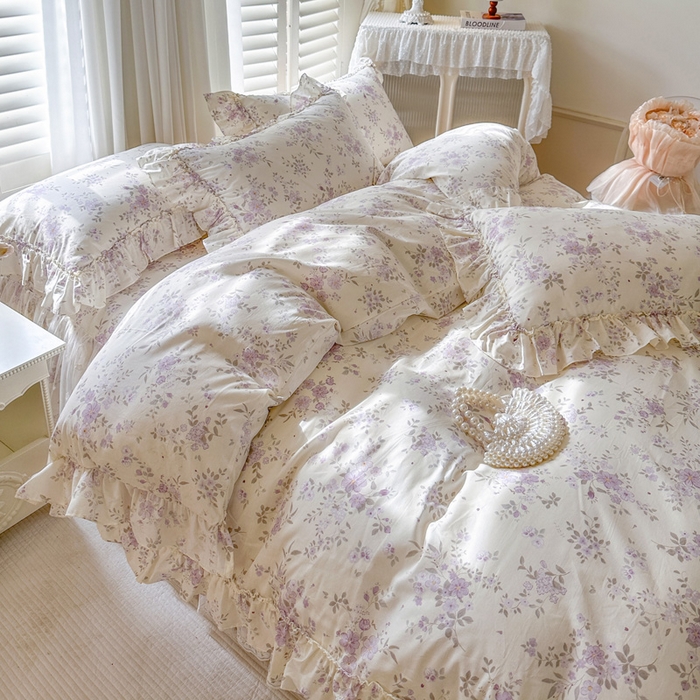 91家纺网 家纺一手货源 找家纺 瑞宝 2026新款全棉印花床裙三件套床裙被套单品系列 花蕾紫