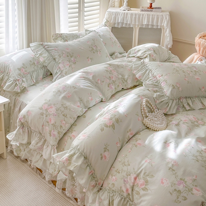 91家纺网 家纺一手货源 找家纺 瑞宝 2026新款全棉印花床裙三件套床裙被套单品系列 春田绿