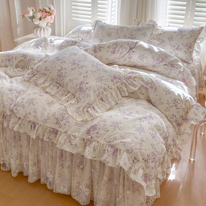 91家纺网 家纺一手货源 找家纺 瑞宝 2026新款全棉印花床裙三件套床裙被套单品系列 花蕾紫