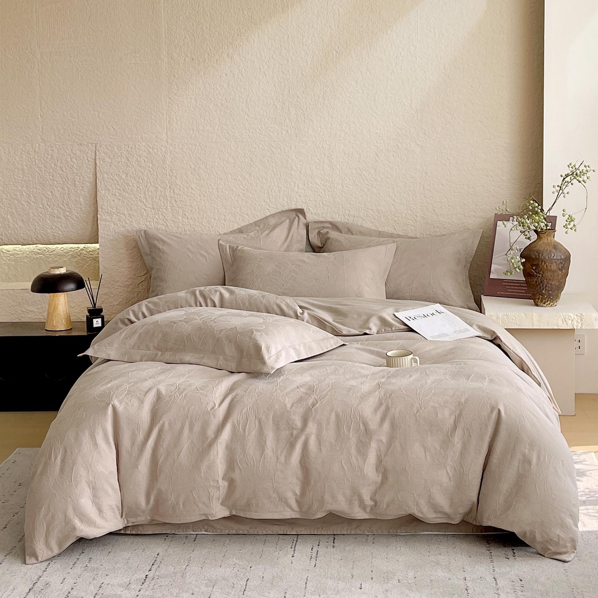 91家纺网 家纺一手货源 找家纺 麦田家纺 2026新款A类全棉亮面浮雕提花四件套 花柔玉净-金属灰