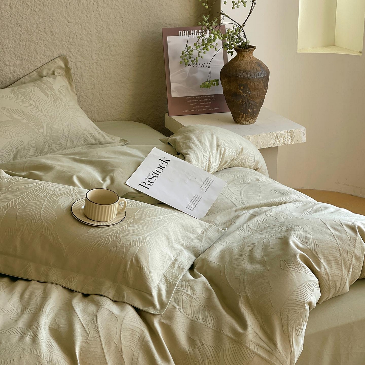 91家纺网 家纺一手货源 找家纺 麦田家纺 2026新款A类全棉亮面浮雕提花四件套 焦野-奶绿