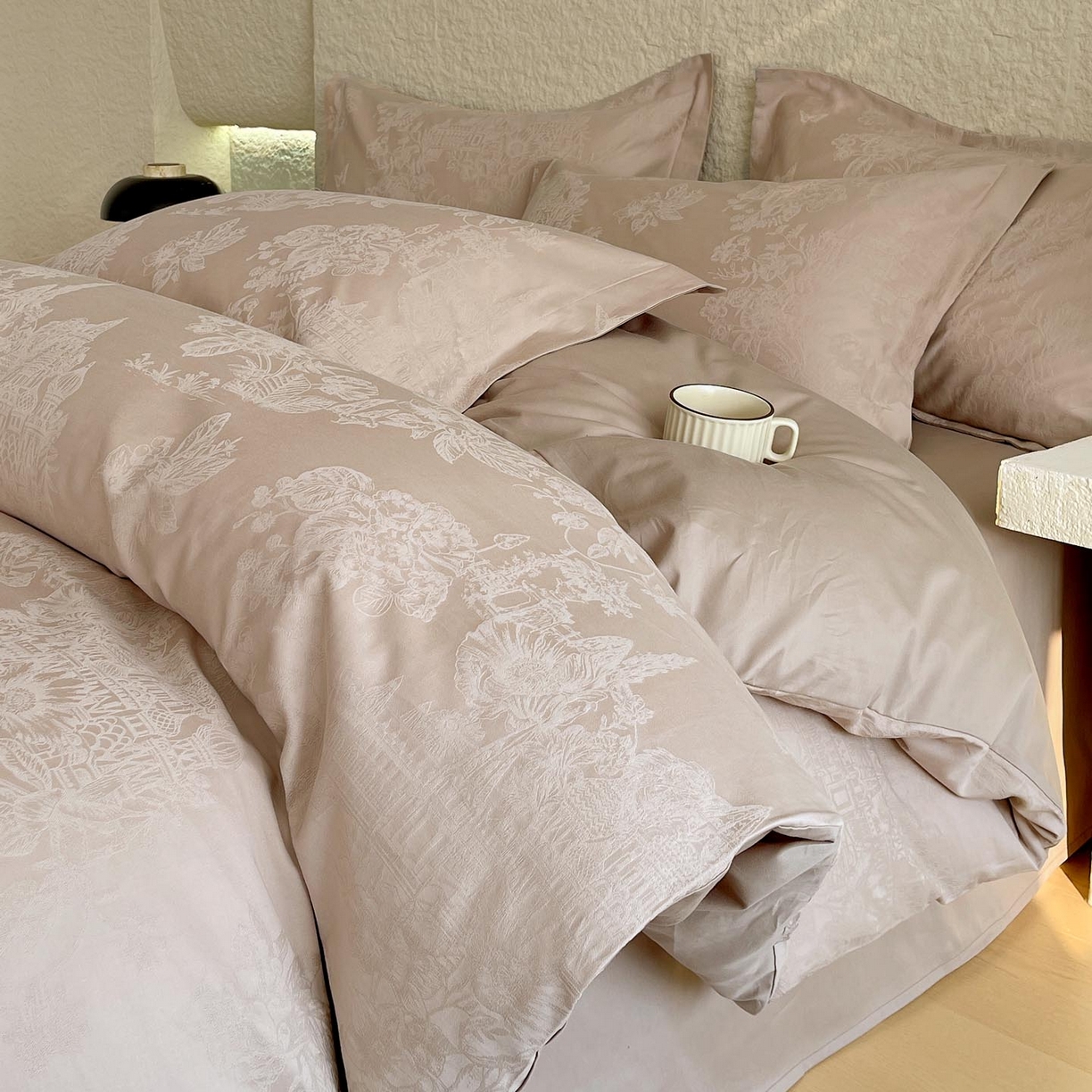 麦田家纺 2026新款A类全棉亮面浮雕提花四件套 欧陆庭园-金属灰