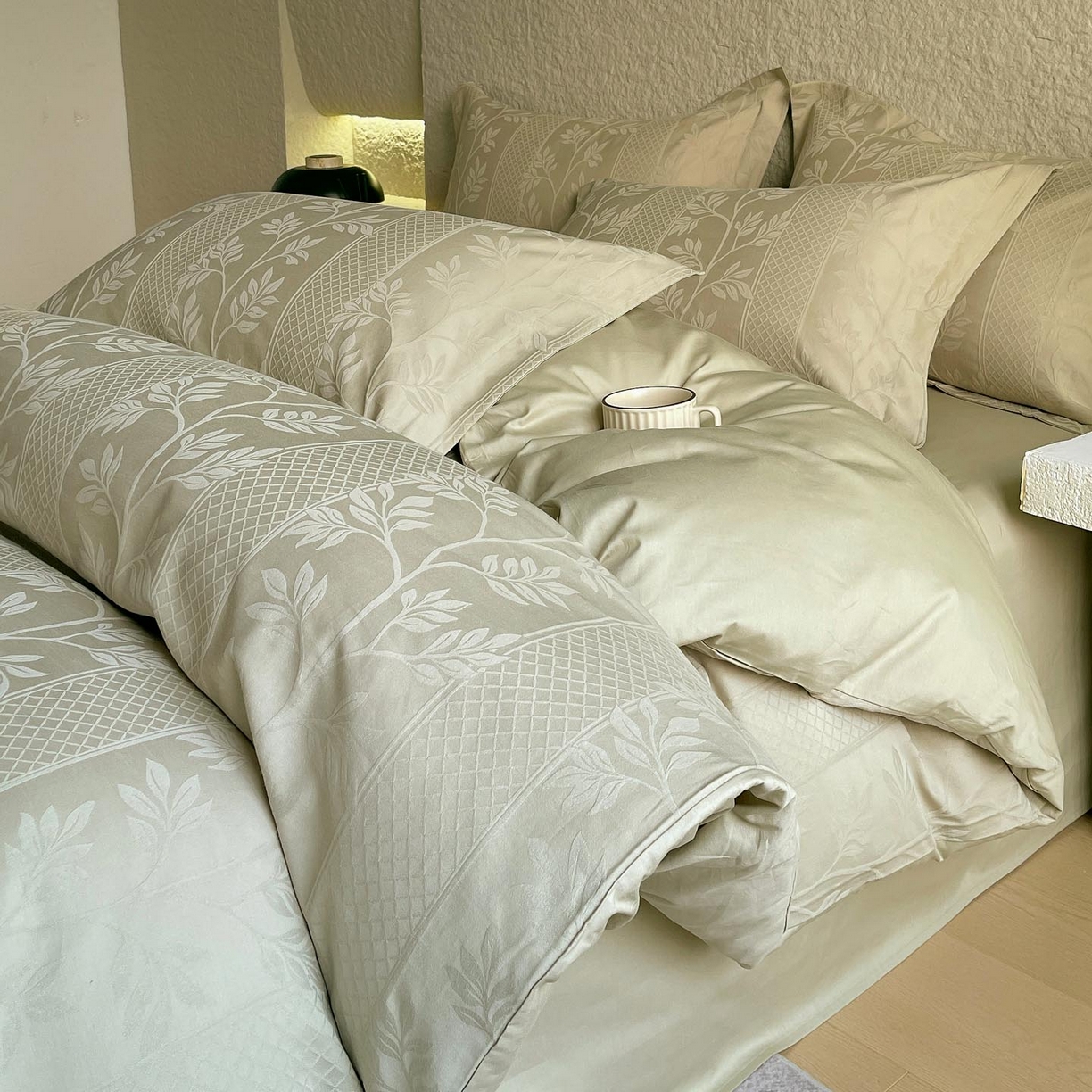 麦田家纺 2026新款A类全棉亮面浮雕提花四件套 芊芊叶语-奶绿