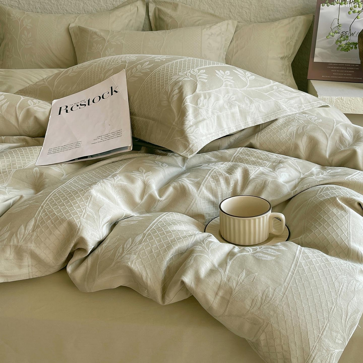 91家纺网 家纺一手货源 找家纺 麦田家纺 2026新款A类全棉亮面浮雕提花四件套 芊芊叶语-奶绿