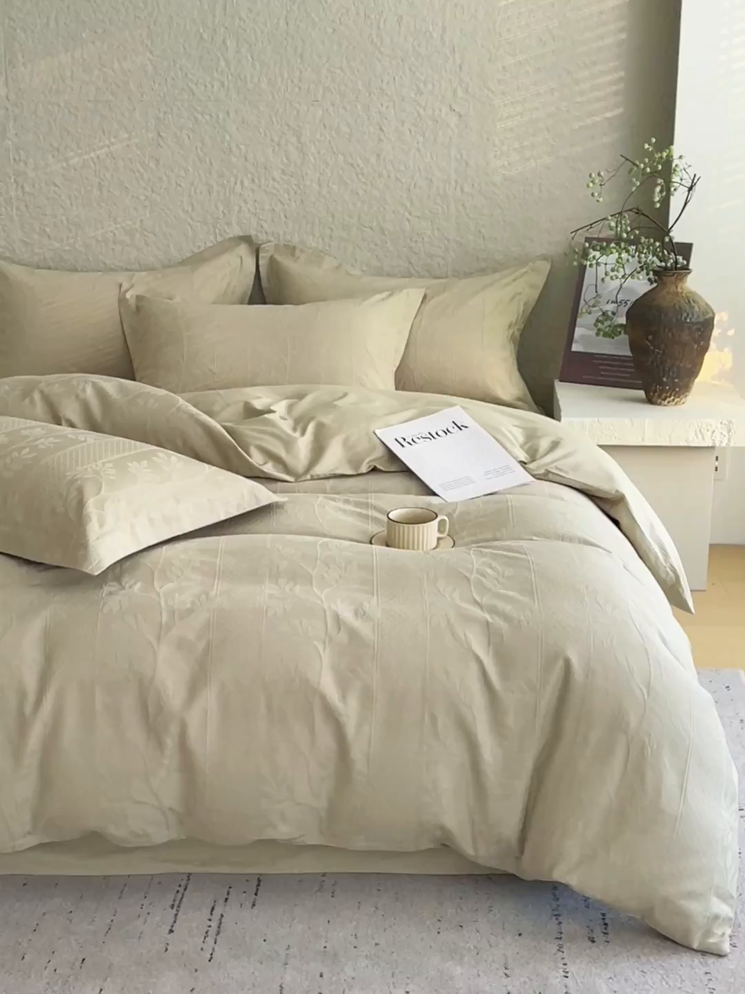 91家纺网 家纺一手货源 找家纺 麦田家纺 2026新款A类全棉亮面浮雕提花四件套 芊芊叶语-奶绿