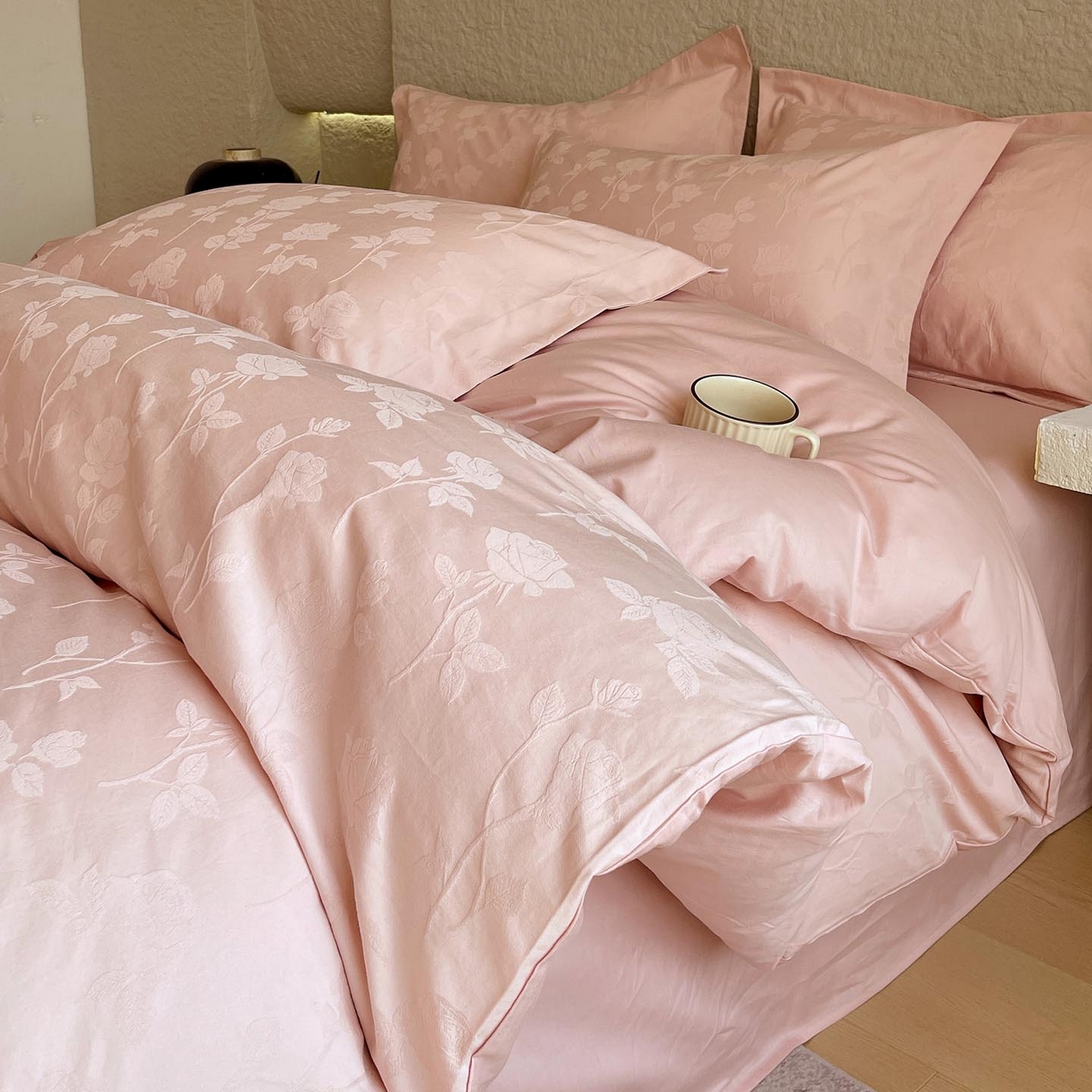 麦田家纺 2026新款A类全棉亮面浮雕提花四件套 岁月留声-唯美粉