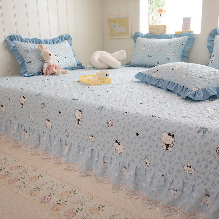 91家纺网 家纺一手货源 找家纺 美达家纺 2026新款A类全棉夹棉蕾丝花边榻榻米床垫大炕盖 豹纹猫咪