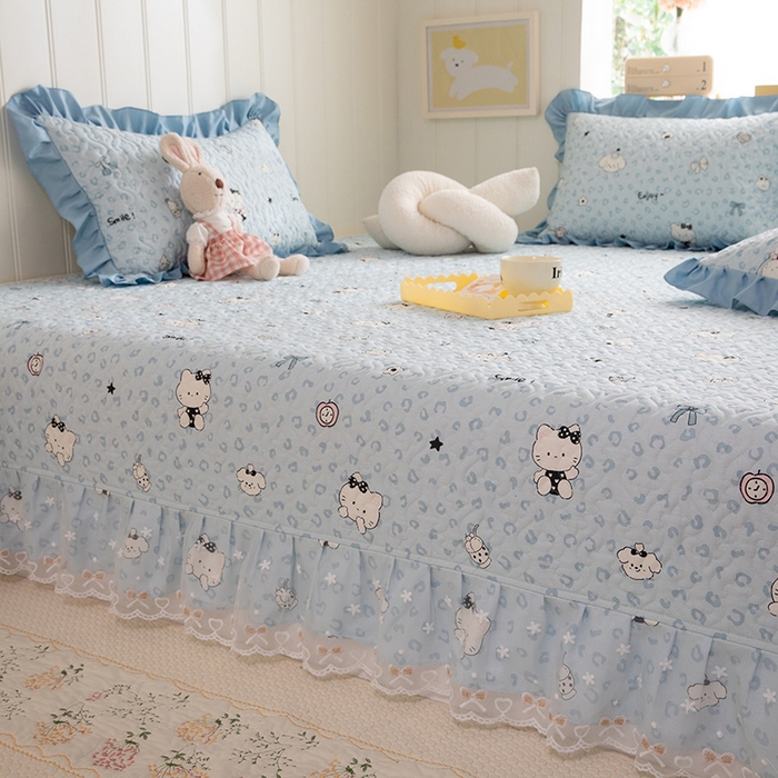 91家纺网 家纺一手货源 找家纺 美达家纺 2026新款A类全棉夹棉蕾丝花边榻榻米床垫大炕盖 豹纹猫咪