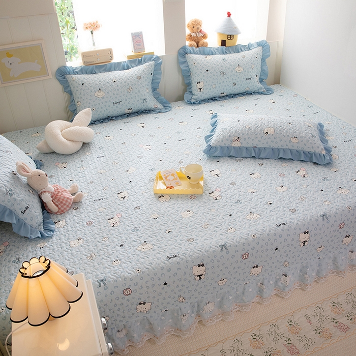 91家纺网 家纺一手货源 找家纺 美达家纺 2026新款A类全棉夹棉蕾丝花边榻榻米床垫大炕盖 豹纹猫咪