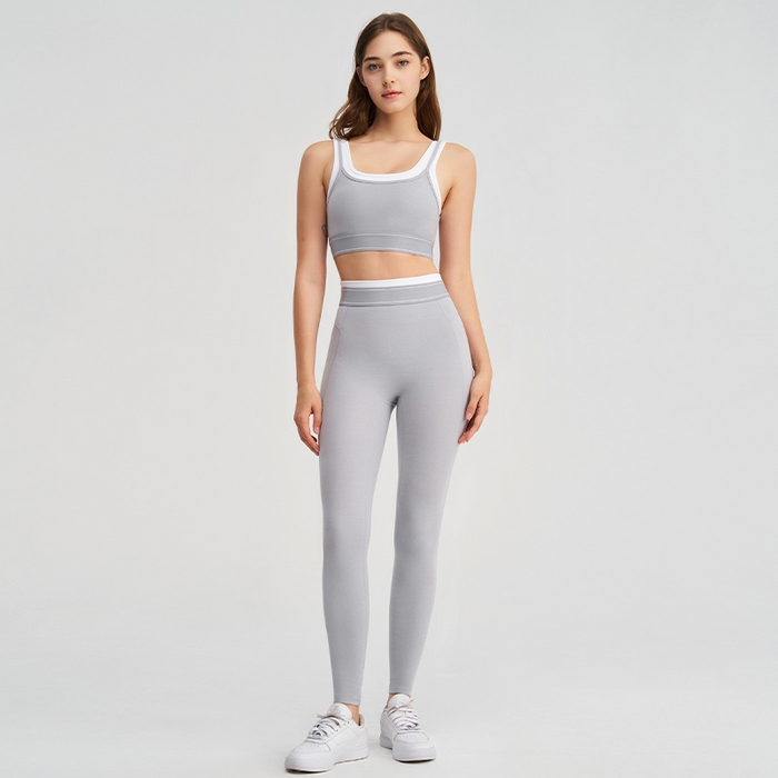 91家纺网 家纺一手货源 找家纺 （总）沐珩家纺 2026新款跨境新款假两件撞色白条提臀长裤吊带跑步运动内衣文胸瑜伽服套装