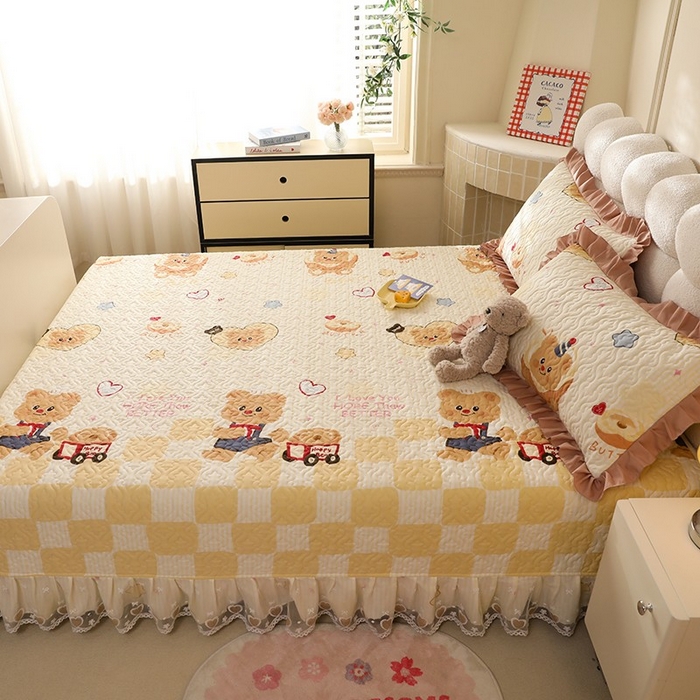 美达家纺 2026新款A类全棉夹棉蕾丝花边榻榻米床垫大炕盖 黄油小熊