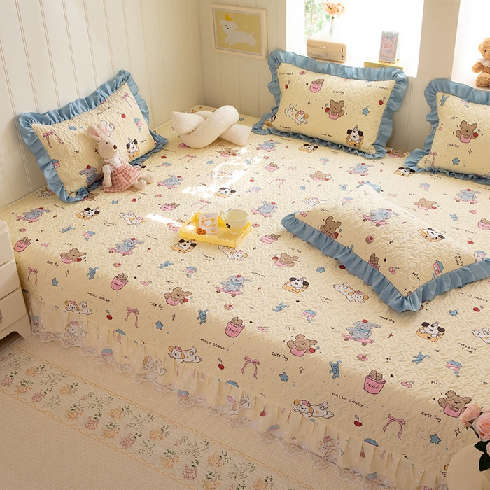 91家纺网 家纺一手货源 找家纺 美达家纺 2026新款A类全棉夹棉蕾丝花边榻榻米床垫大炕盖 可爱颂